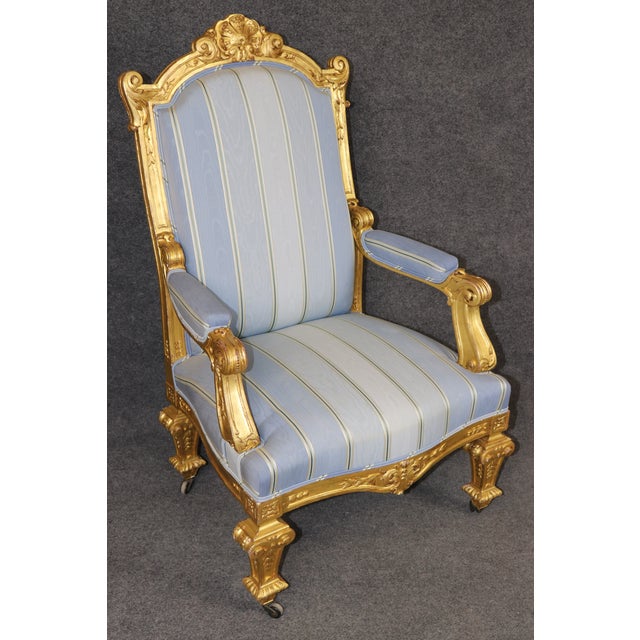 19th C. Pair French Napoleonic Style Armchairs, Giltwood & Blue Upholstery For Sale - Image 15 of 16
