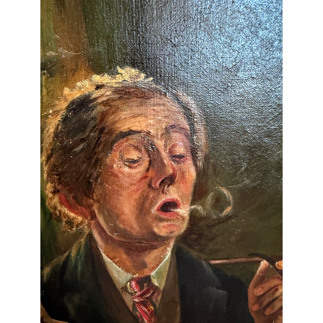Early 20th Century Antique Oil Painting Genre Scene Man With Pipe Child Interior Gilt Frame For Sale - Image 5 of 6