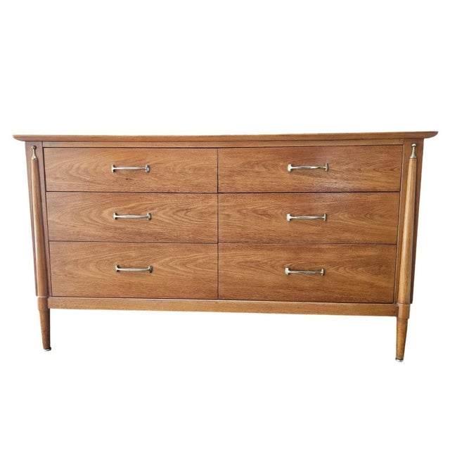Wood 1958 Drexel Mid Century Modern Dresser and Nightstand Tapered Legs Brass Handles For Sale - Image 7 of 18