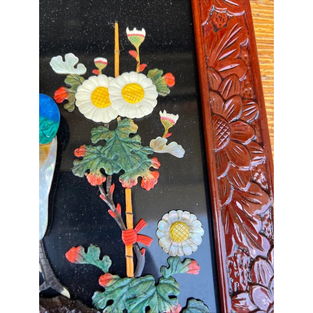 A Vintage Chinese Carved Shell And Lacquer Peacock WallHang Artwork Circa 1950’s Made in China, circa 1950’s Carved shell...