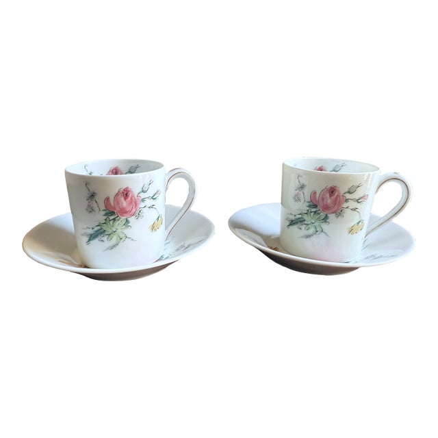 Mid 20th Century, Victorian Revival, French Limoges Floral Demitasse Cup and Saucer Set - 4 pcs For Sale