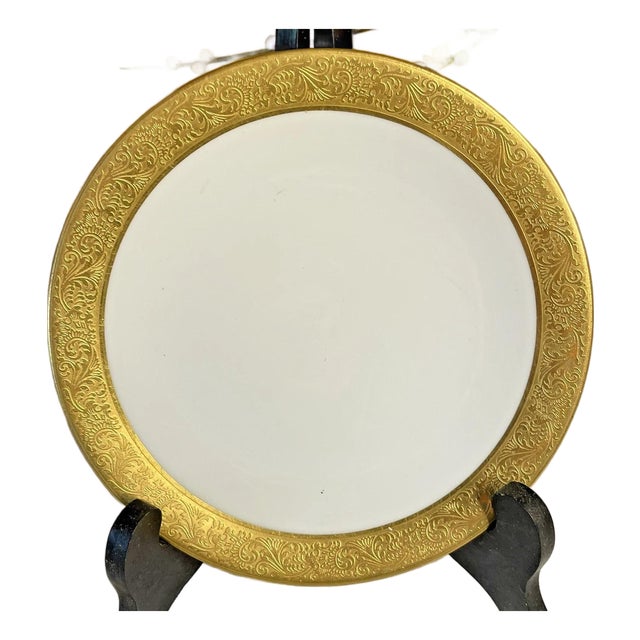 12 Raynaud & Co. Limoges White Salad Plates With Thick Gold Embossed Edging 7.5" For Sale