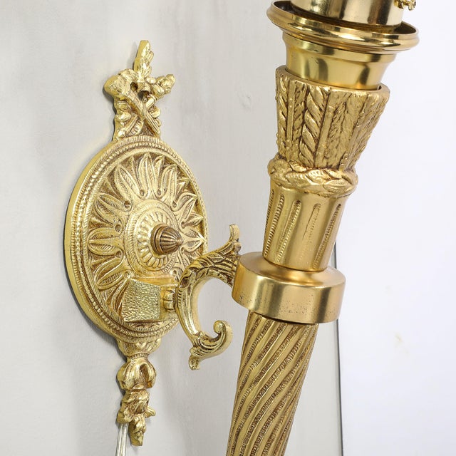Pair of Neoclassical Antique Brass Torch Form Sconces With Frosted Glass Shades For Sale In New York - Image 6 of 14