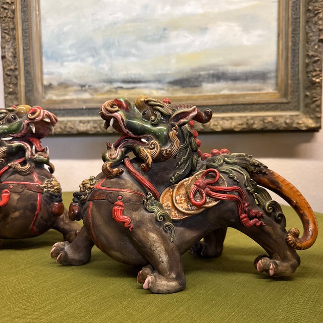 Ceramic Set of 2, Handmade Earthen Ware Pixiu Statues For Sale - Image 7 of 12