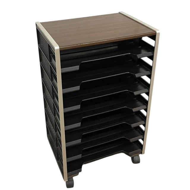 Mid-Century Modern Vintage Rolling Office File Organizer Cart With Tiered Plastic Trays, Wood Top. For Sale - Image 3 of 10