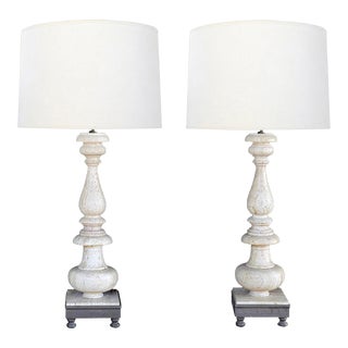 1980s Tall Pair of Paul Ferrante Baroque Style Travertine Baluster-Form Lamps For Sale