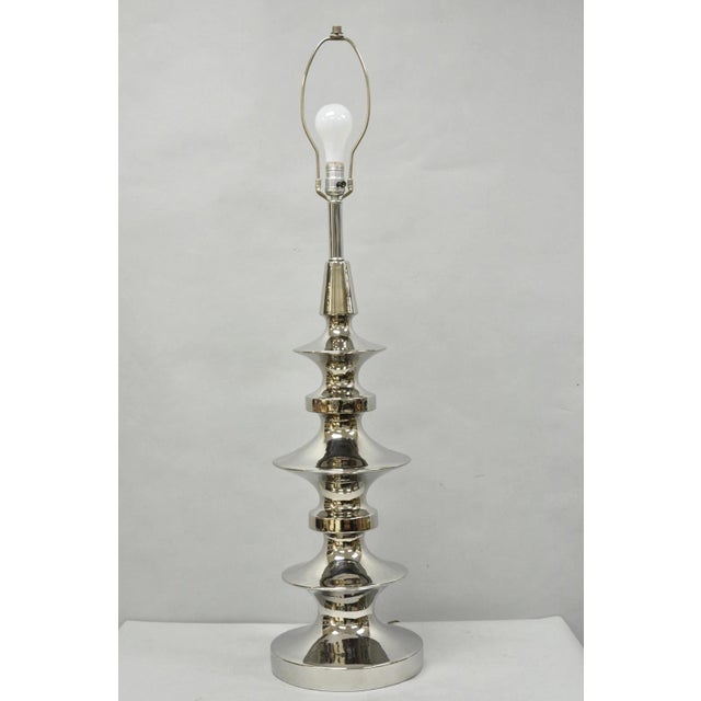 Vintage Italian Mid Century Modern Tall Sculptural Silver Ceramic Table Lamp For Sale - Image 4 of 18