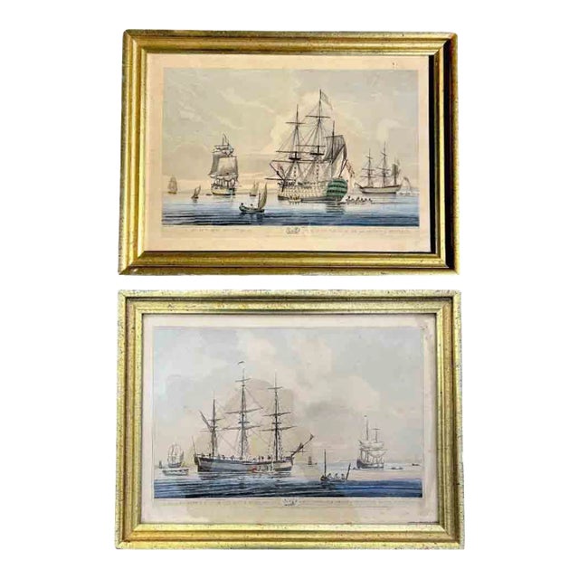 Antique Pair of English Maritime Colored Etchings, 1806. For Sale