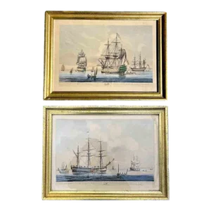 Antique Pair of English Maritime Colored Etchings, 1806.