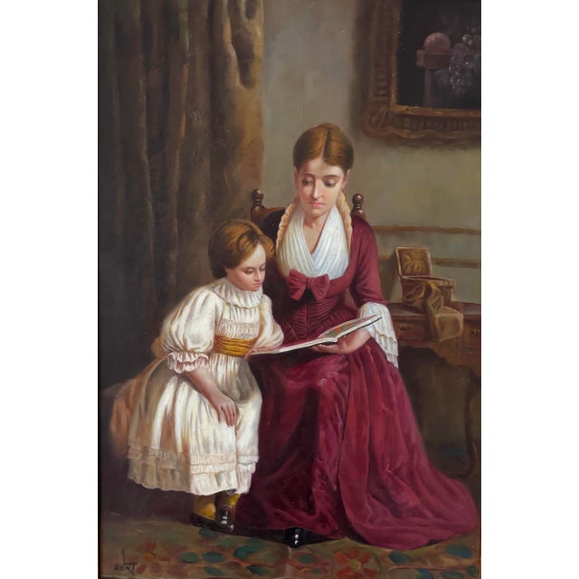 Large Signed Vintage Oil Painting Mother & Child Reading Genre Scene Gilt Frame For Sale - Image 4 of 9