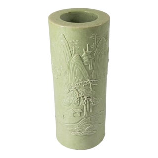 Early 20th Century Chinese Lime Green Brushpot Style of Wang Bingrong, Guangxu Reign Mark For Sale