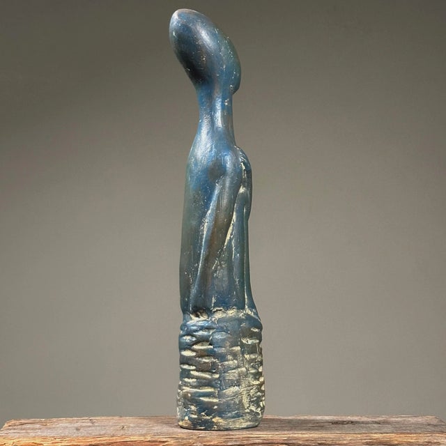 Vintage Modernist Polychrome Clay Seated Figurative Sculpture With Etched Detail For Sale - Image 4 of 9