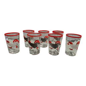 1940s French Hand-Blown Fluted Juice Glasses With Hand-Painted Roosters- Set of 7