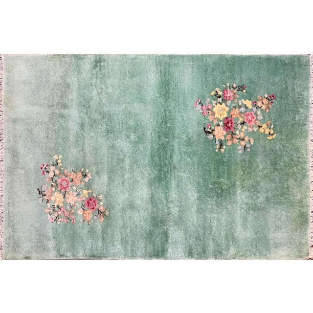 Handmade Vintage Art Deco floral Chinese Rug, 2'11" x 4'10", c-1950's, in green color background with floral traditional...