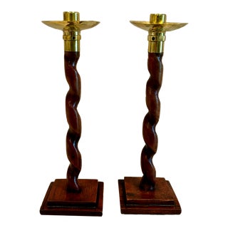 Pair of 19th Century English Oak Barley Twist Candlesticks With Hammered Brass Cups For Sale