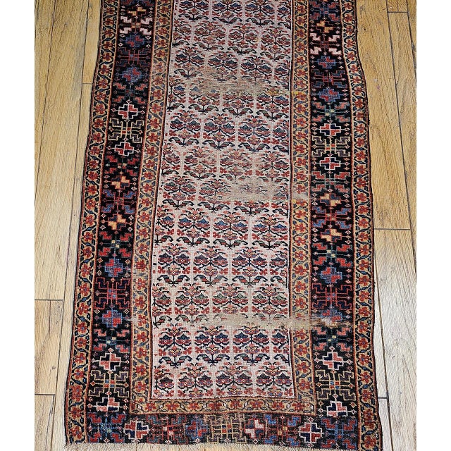 Ivory 19th Century Persian Bidjar Runner, Hand-Knotted Wool, Allover Paisley Pattern, Ivory & Navy, 3x13 For Sale - Image 8 of 14