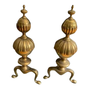 Pair of Antique Continental Baroque Brass and Iron Andirons