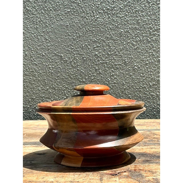 Vintage Inlay Wood Round Lidded Box For Sale - Image 4 of 12