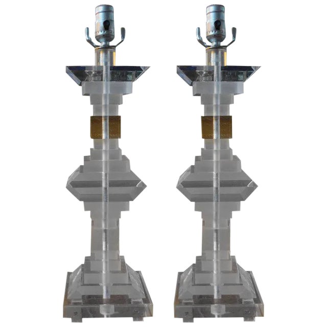 1970s Mid Century Modern Geometric Lucite Lamps - a Pair For Sale
