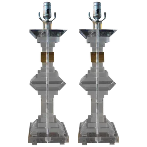 1970s Mid Century Modern Geometric Lucite Lamps - a Pair