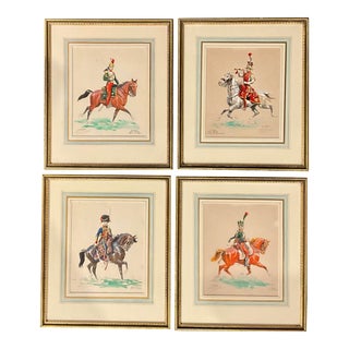 Vintage Set of 4 Eugene Pechaubes Signed Hand Colored Gouache 1st & 2nd Empire Military Prints For Sale