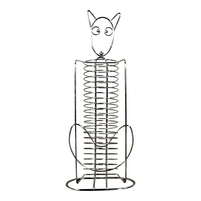 c.1990's Chrome Wire Cat Shaped CD Case Storage Rack For Sale