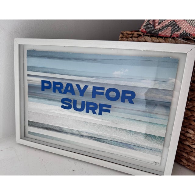 Original vintage mixed media PRAY FOR SURF artwork Colored Pencil for the paint waves / ocean image within the shadow box...