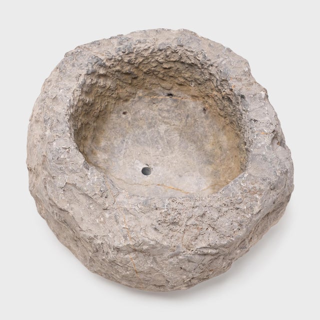 This stone basin was carved by hand over two centuries ago, sculpted from solid limestone with and irregular texture and...