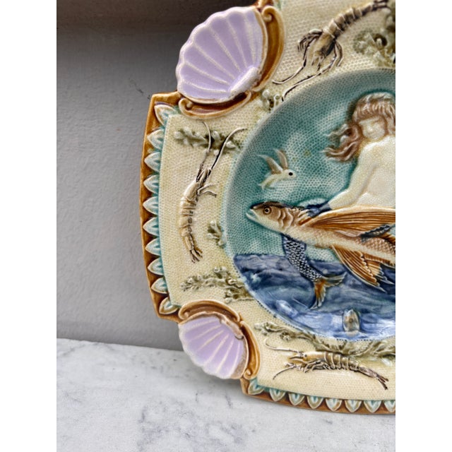 Nautical 19th Century Square Majolica Mermaid Wall Plate For Sale - Image 3 of 5