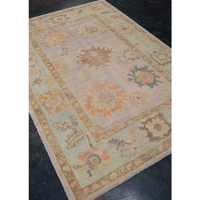 Modern Turkish Oushak Rug Lavender Coral Soft Brown Handwoven Wool Rug 4'2" X 6'1" For Sale - Image 3 of 8