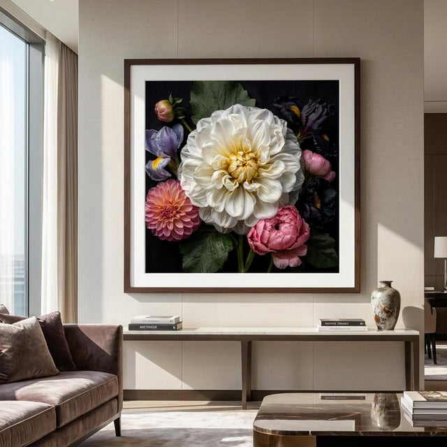"The White Dahlia" is a stunning botanical portrait, a testament to exquisite detail and rich color. At its heart, an...