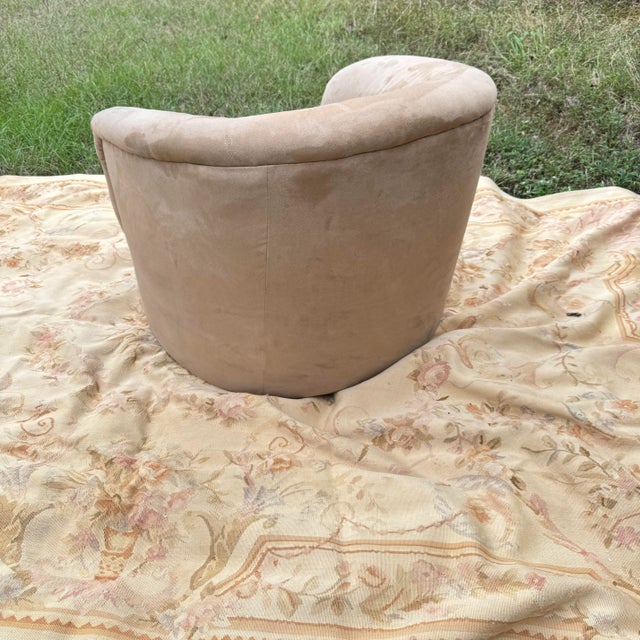 Mid-Century Modern 1990s Milo Baughman Style Suede Upholstered Barrel Back Swivel Chair For Sale - Image 3 of 12