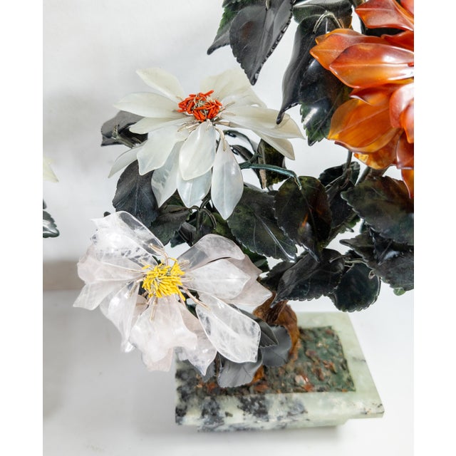 Gemstone 20th Century Chinese Chinoiserie Pair of Jade Trees With Nephrite, Carnelian and Rose Quartz For Sale - Image 7 of 18