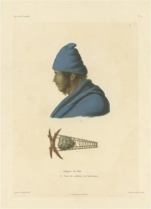 Duperrey, Illustration of a Chilean Indian and Fisherman's Anchor, Print