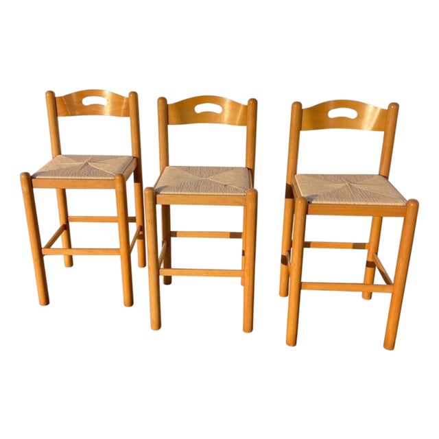 Postmodern Lowenstein Padova Dowel Wood Counter Height Bar Stool Chairs Set of 3 For Sale