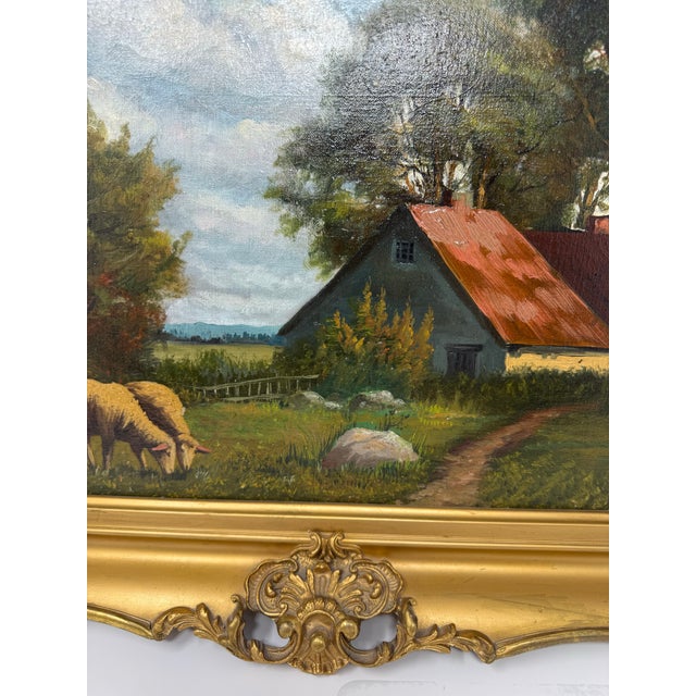 Mid 20th Century Signed European Pastoral Oil Painting in Ornate Rococo Gilt Frame With Grazing Sheep For Sale - Image 11 of 12