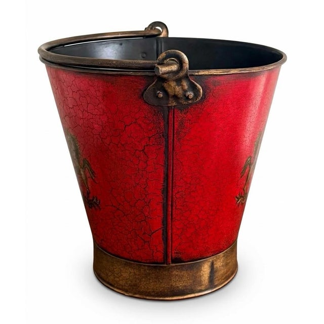 Red painted metal fire brigade bucket. Wonderful color red. Use next to a fireplace for kindling or as a wastepaper basket.