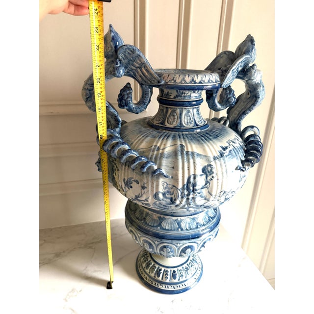 Large Vintage Cantagalli Italian Majolica Blue White Delft Style Pottery Vase Jar or Urn Serpent Handles 23"h For Sale - Image 16 of 18