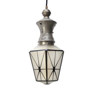 French Art Deco Matte Glass and Black Nickel-Plated Pendant Lamp, 1920s For Sale