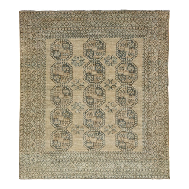 9 X 10 Beige Antique Handmade Turkmen Wool Rug With Geometric Pattern For Sale