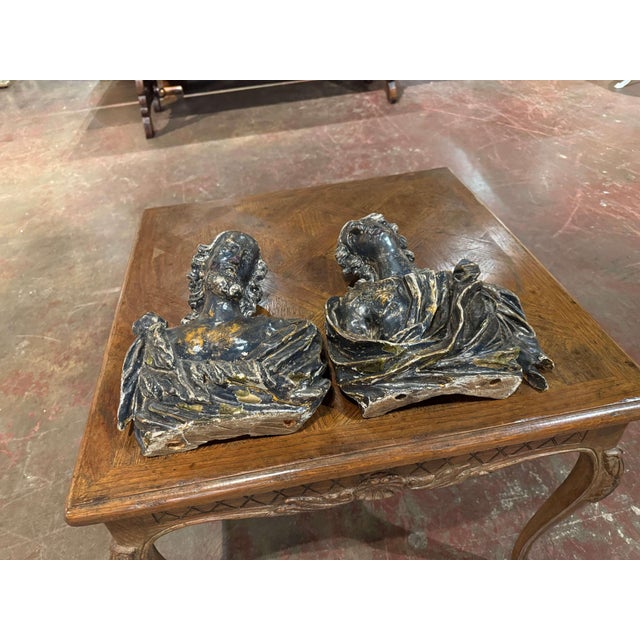 Wood Pair of 18th Century French Carved Polychrome Male & Female Bust Wall Sculptures For Sale - Image 7 of 13