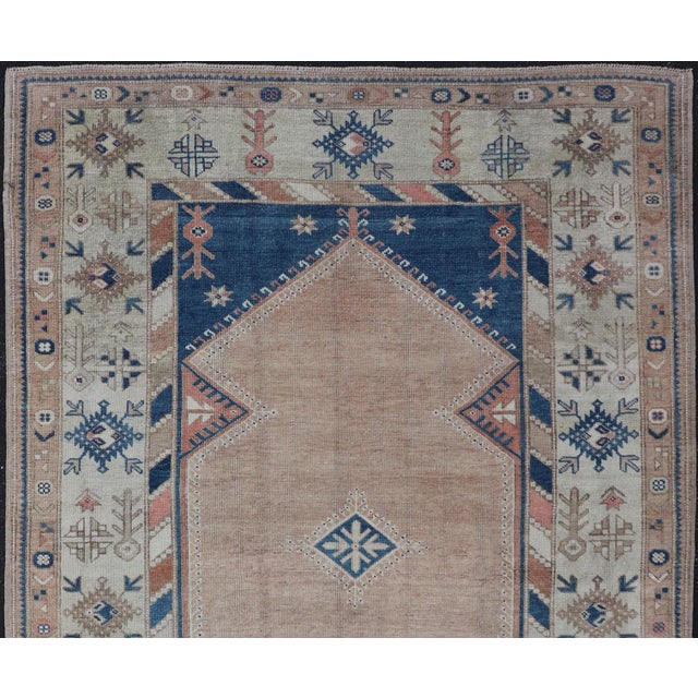 Tribal Vintage Turkish Oushak Rug With Elegant Blue and Soft Peach Motifs 5'7 X 7'8 For Sale - Image 3 of 10