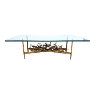 Hollywood Regency Style Italian Glass Top Tole Base Coffee Table For Sale