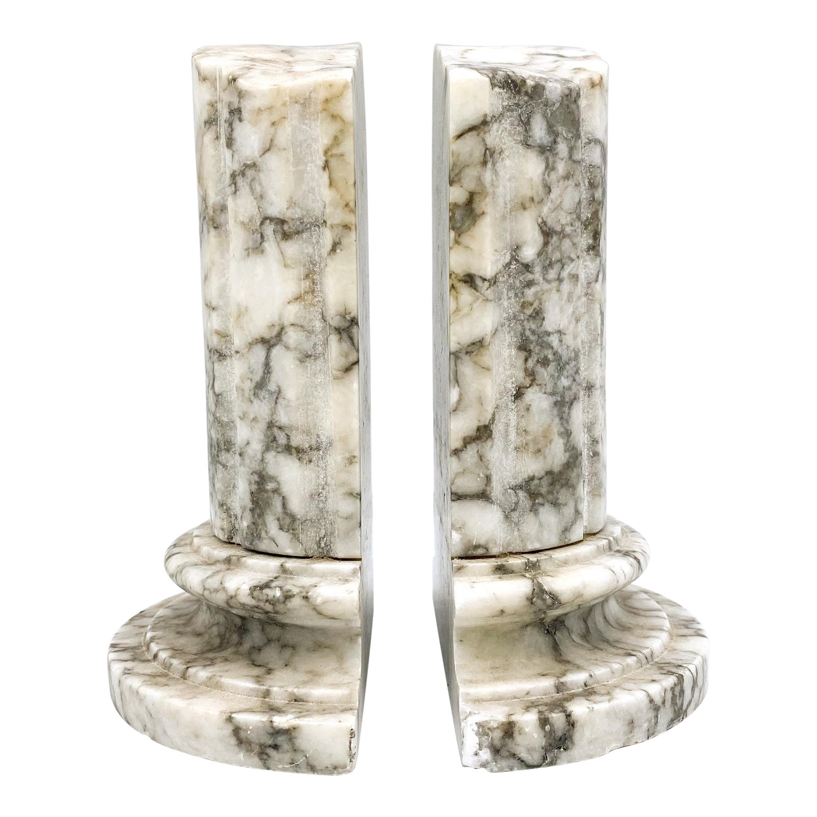 Vintage Italian Style White and Gray Marble Column Bookends a Pair