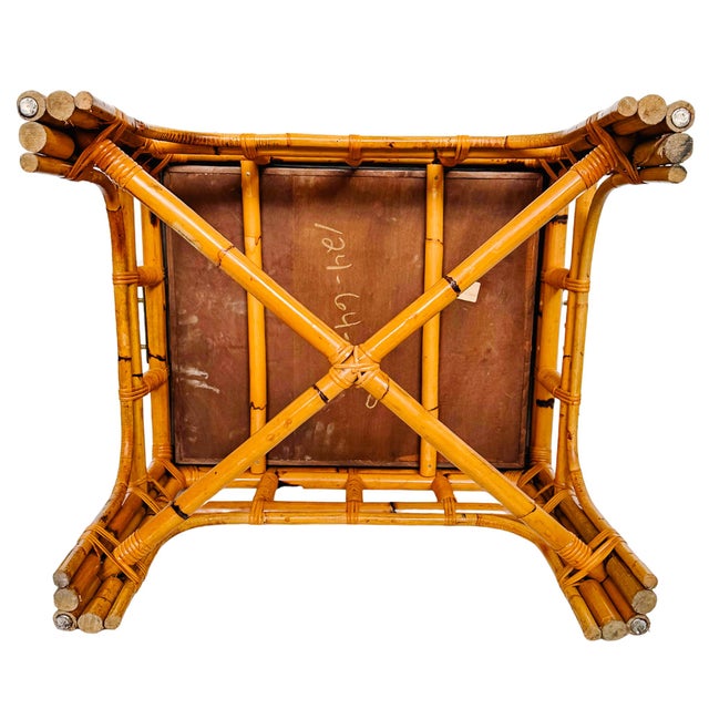 1970s Italian Burnt Bamboo End Table With Brass Handles & Oyster Burl Tray For Sale - Image 11 of 12