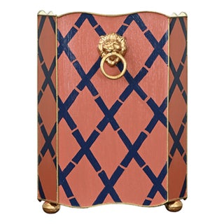 Matthew Izzo Home Handpainted Tole Metal Wastebasket in Salmon and Navy Blue Lattice With Gold Leaf Lion Handles For Sale