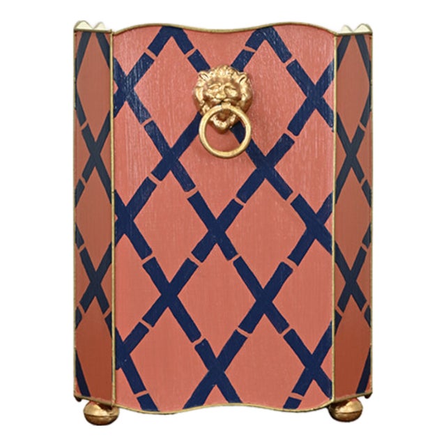 Matthew Izzo Home Handpainted Tole Metal Wastebasket in Salmon and Navy Blue Lattice With Gold Leaf Lion Handles For Sale