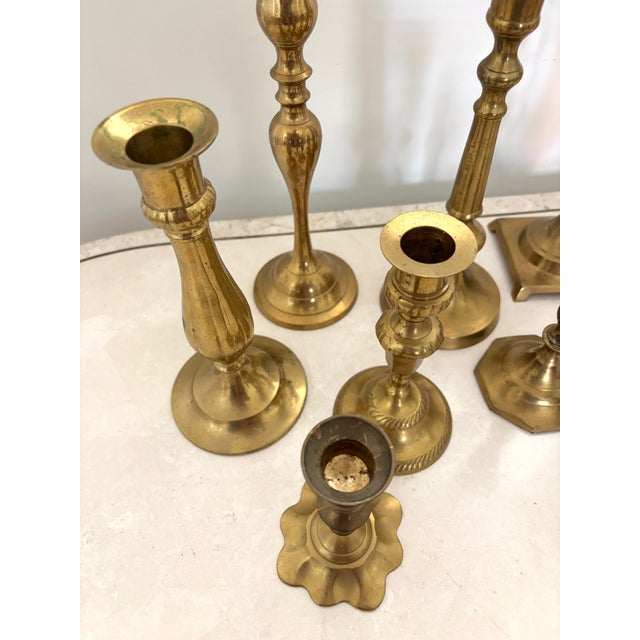 English Mid 20th Century Assorted Brass Candlestick Holders, Set of 9 For Sale - Image 3 of 7