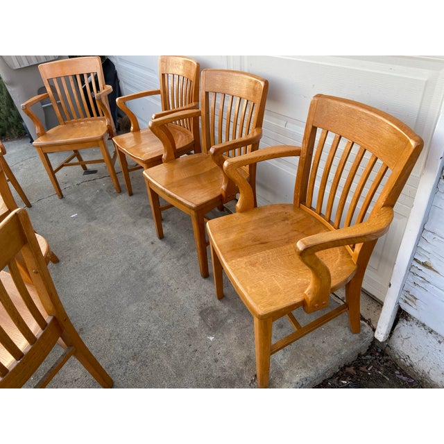 Vintage Mid Century Modern Jasper Seating Co Furniture Bankers Golden Oak Chair Set of 7 For Sale - Image 9 of 12