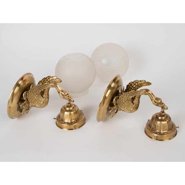 1950s Spanish Empire Chased Brass Swan Wall Sconces With Starburst Frosted Globes - A Pair For Sale - Image 9 of 13
